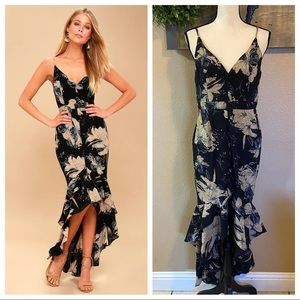 NWOT Lulus Darling Daylily Black Floral Print High-Low Maxi Dress